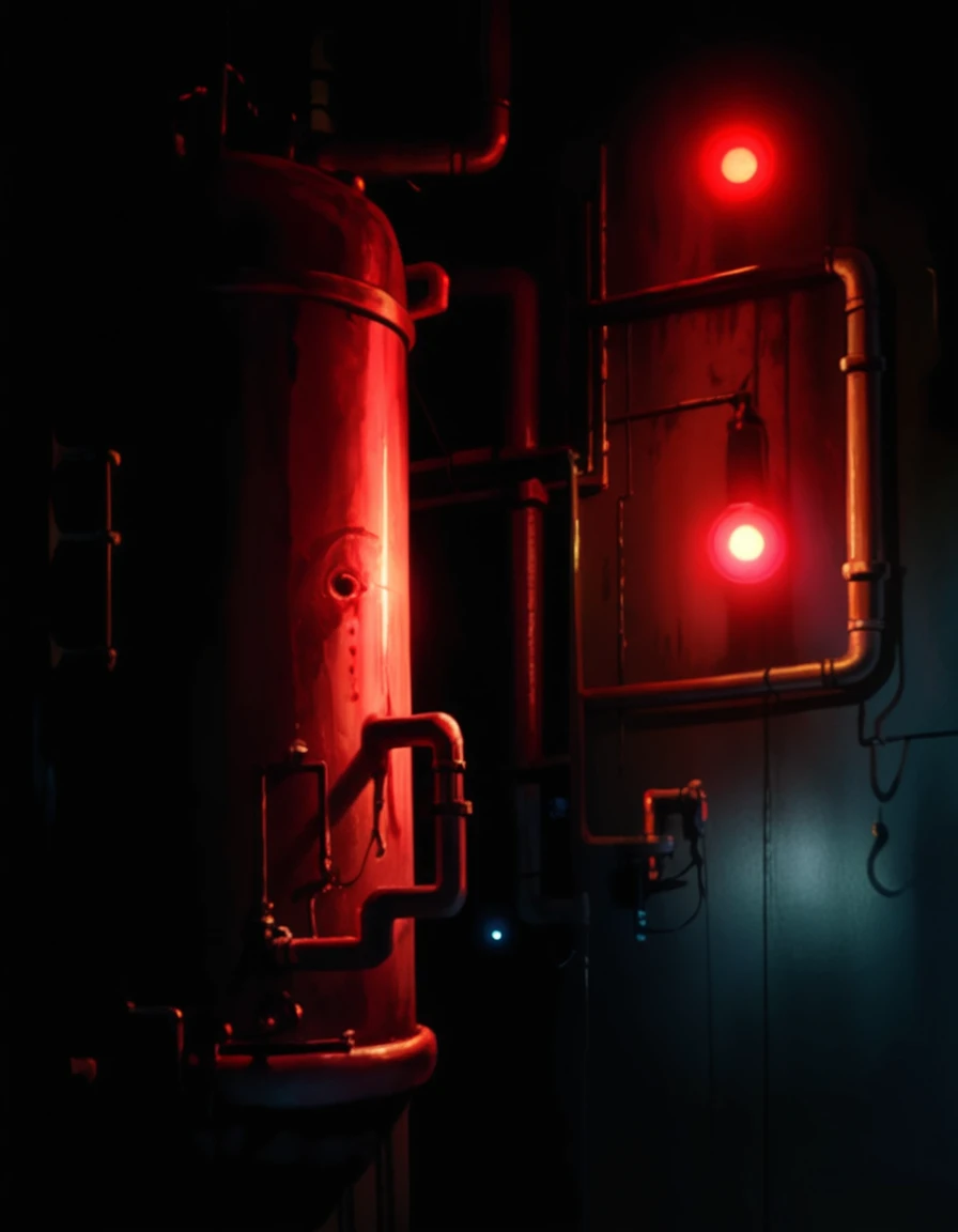horror creepy boiler room, dark red lights, hyper realistic, horror, dark background, dark atmosphere, horror lighting, detailed, cinematic lighting, chiaroscuro atmosphere