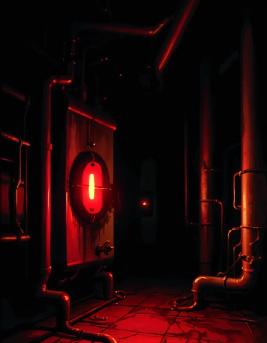 horror creepy boiler room, dark red lights, hyper realistic, horror, dark background, dark atmosphere, horror lighting, detailed, cinematic lighting, chiaroscuro atmosphere