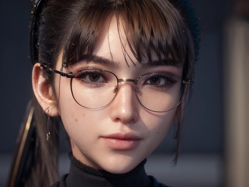 Masterpiece, portrait face, eve, stellar blade, fringe hair , ponytail hair,  black turtleneck shirt,  oiled skin , wet hair, posing , (light brown eyes), (medium closed smile), ((blushing cheeks)), woman looking camera, Woman with rectangular magnifying glasses with red frames