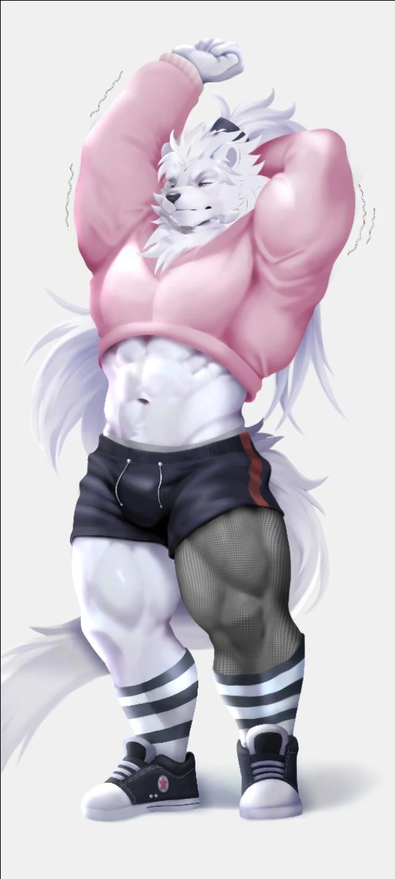 A furry male (white cat), (Wearing a pink long-sleeve sweater:1.0) (anthro, male cute, barazoku, anime, by lindong, by littleblackalas, (kemono, bara), anime, shadows, smooth skin, masterpiece, best quality, by (by Pino Daeni, (by ruaidri), yupa, kiyosan), (starbuck), by (darkgem), (chunie), (null ghos), (narse), (safe for work) (Stretching with arm up:1.0) (white background) (closed eyes)