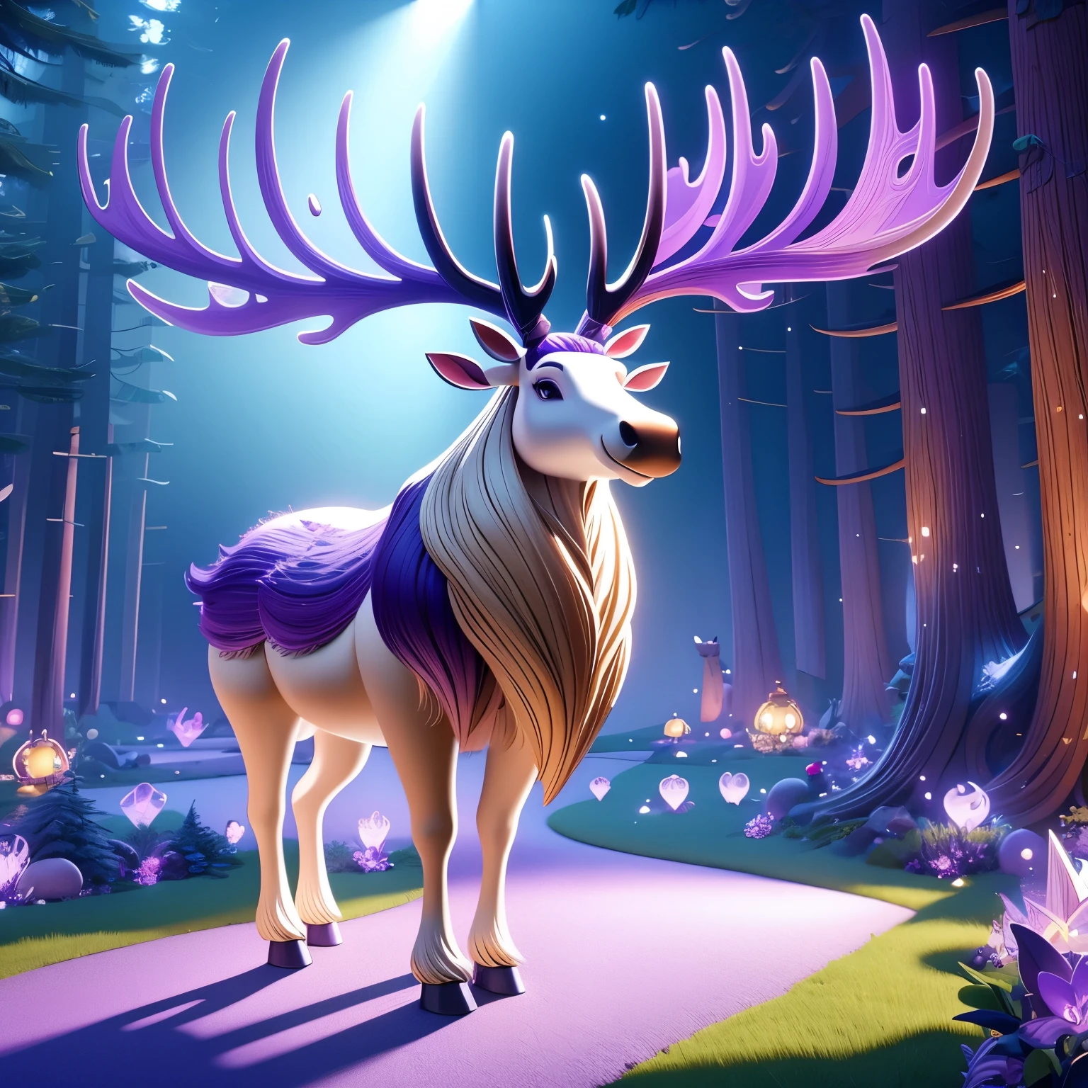 3D cartoon purple moose character with majestic and fantastic antlers, Enchanted Forest, Light cream body, Mysterious Light, Magical Elements