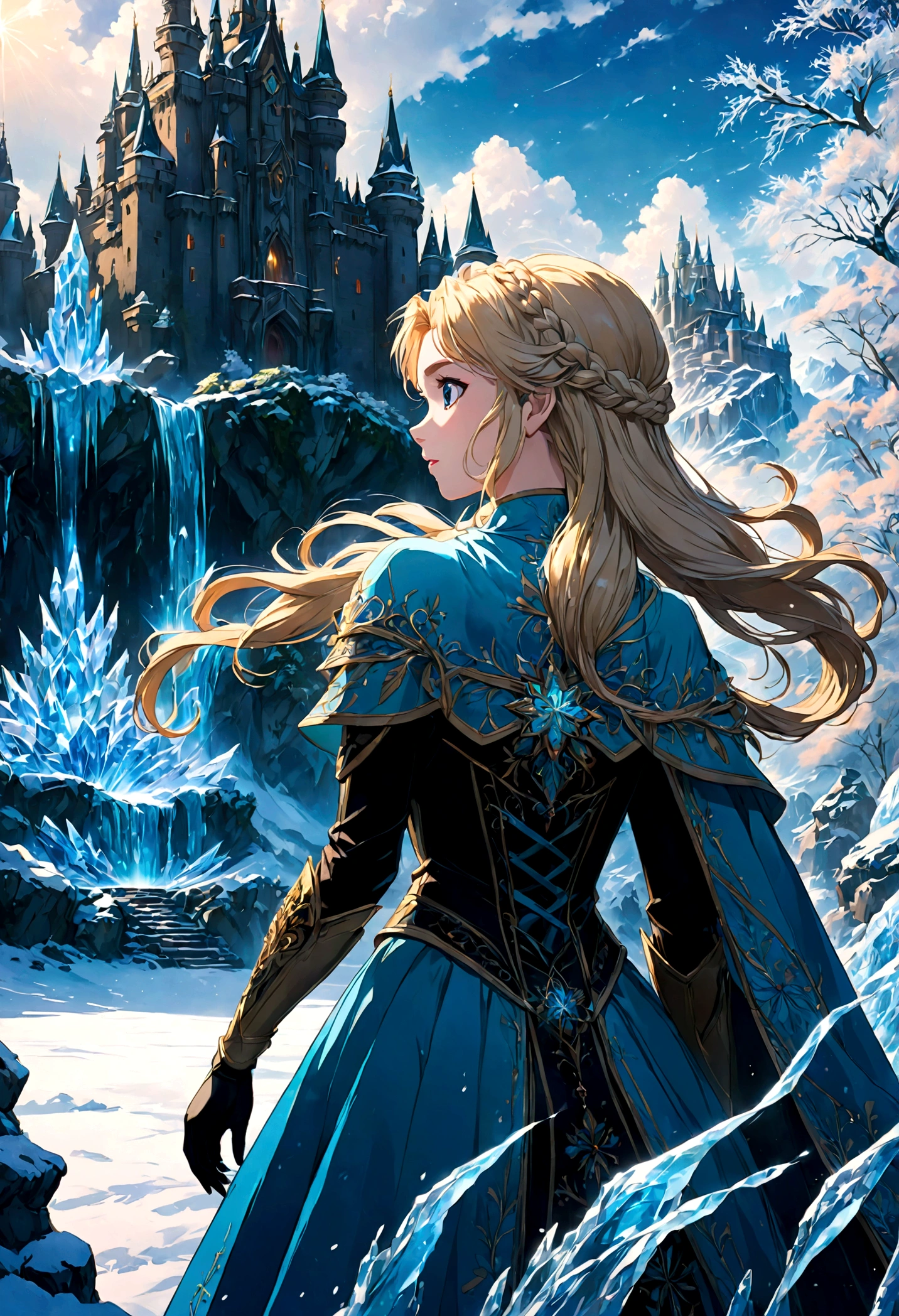 1girl, elsa (frozen), braid, braided hair, blonde hair, (single braid), dress, cape, makeup, long hair, hair over shoulder, solo, fur trim, (Back View:1.4), background is castle made of ice, ice castle background, snowflake, snow, winter, anime screenshot, source_anime, dramatic composition, cinematic dynamic action scene, vibrant colors, cinematic lighting, dramatic lighting, best quality, masterpiece, very aesthetic, perfect composition, intricate details, ultra-detailed