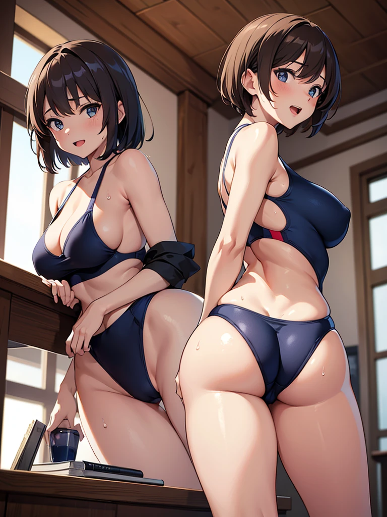 masterpiece, best quality, high definition images, atmospheric perspective, expressive eyes, perfect face, ultra detailed, solo, 1mature seductive woman in navy competition swimsuit, sticking butt, large butt, bending over, back view, alluring pose, brown semi short hair, large breasts, calm smile, open mouth, sweaty, high legs, from below, in study room,