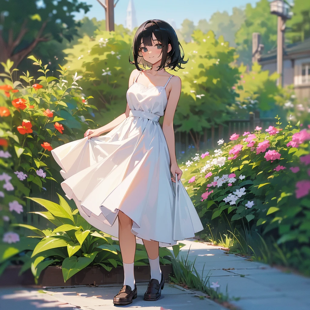 (high quality, High resolution, Very detailed, reality:1.37), Peaceful atmosphere, (Outdoor, garden), Teenage girl standing alone, (my breasts are big.), Beautiful details, Cute Smile, (Black bob hair), White camisole dress, White socks, loafers.