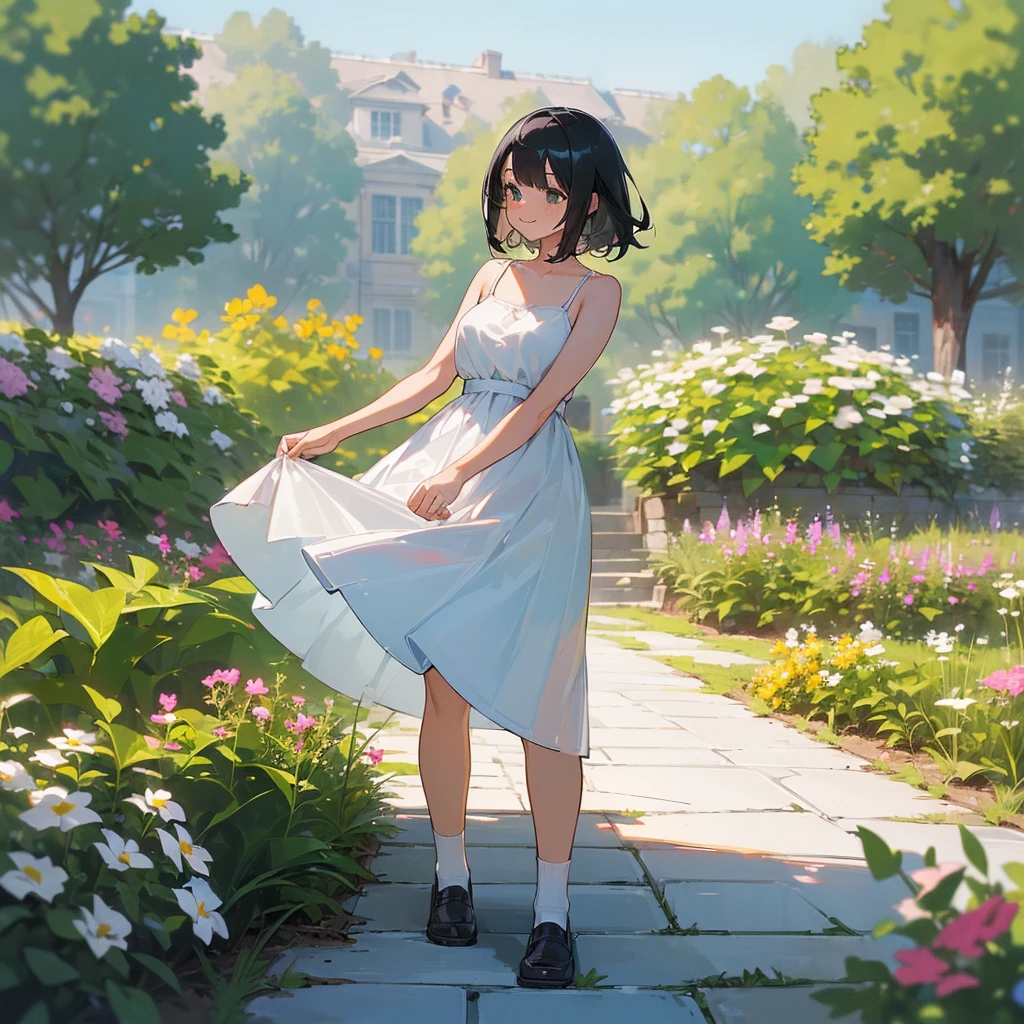 (high quality, High resolution, Very detailed, reality:1.37), Peaceful atmosphere, (Outdoor, garden), Teenage girl standing alone, (my breasts are big.), Beautiful details, Cute Smile, (Black bob hair), White camisole dress, White socks, loafers.