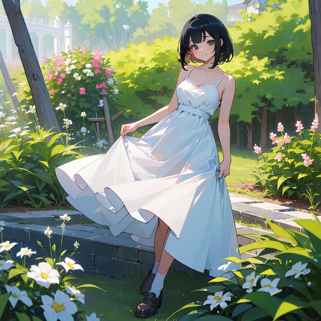 (high quality, High resolution, Very detailed, reality:1.37), Peaceful atmosphere, (Outdoor, garden), Teenage girl standing alone, (my breasts are big.), Beautiful details, Cute Smile, (Black bob hair), White camisole dress, White socks, loafers.