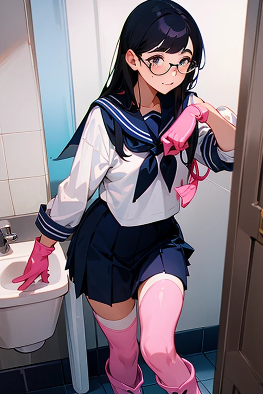 A high school girl with black hair, freckles, glasses and a long-sleeved navy blue sailor uniform wearing large pink rubber gloves and white rubber boots cleaning the school toilets