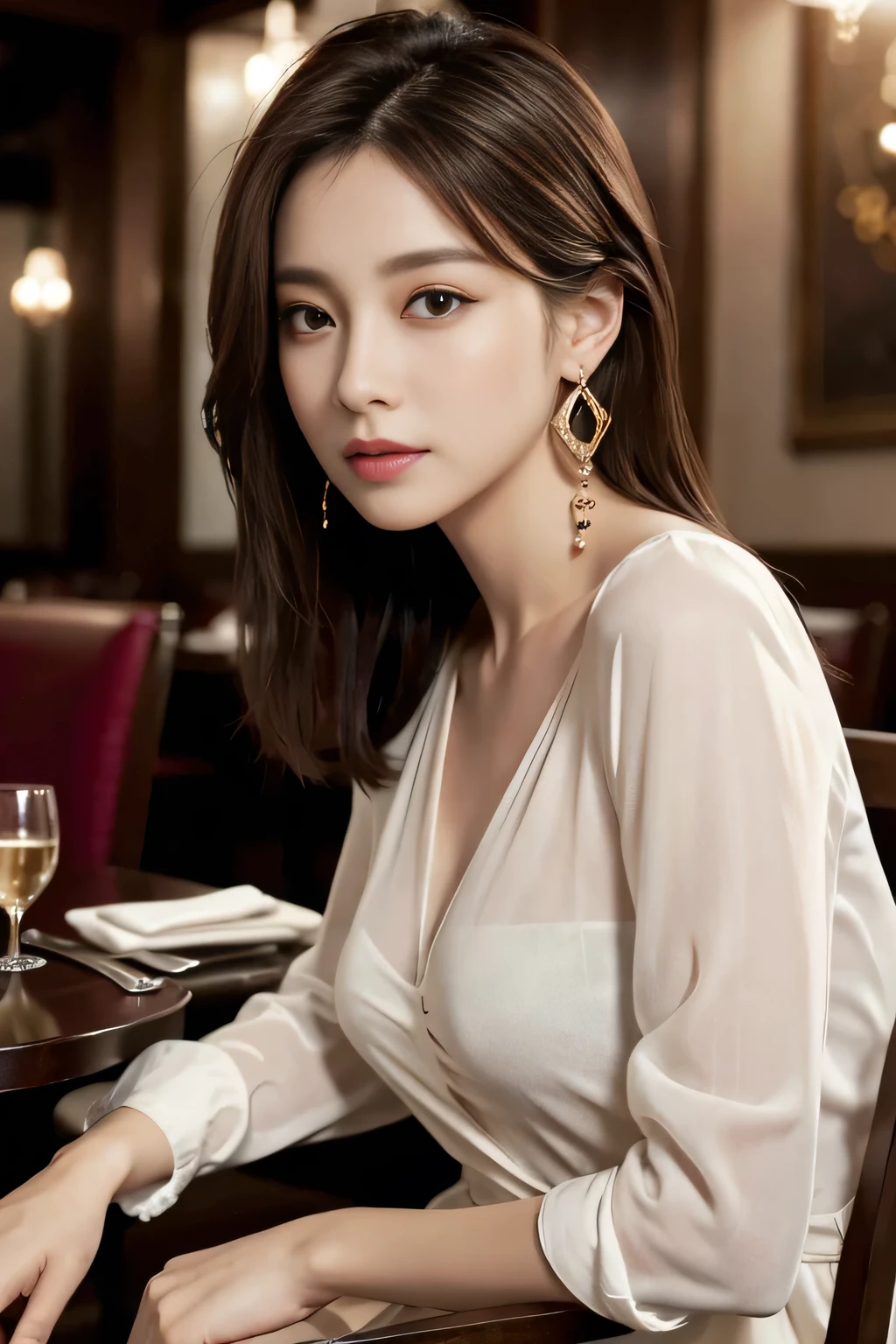 masterpiece, highest quality, Realistic, Very detailed, Finer details, High resolution, 8k wallpaper, One beautiful woman, Wear an elegant see-through shirt, In a great restaurant, At night, Light brown messy hair, Perfect dynamic composition, Beautiful and beautiful eyes、Big earrings、Sitting in a chair、