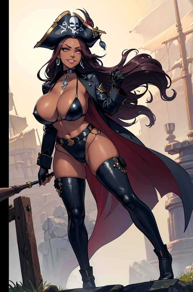 (masterpiece, best quality, high resolution, ((full body standing)), ((huge breasts)) 1 mature woman, very long messy black hair, silver eyes, pink lips ((huge breasts, dark skin)) very fantasy pirate clothes, pirate leather pants, fantasy pirate gloves and gloves.skull choker, earrings, pirate hat, pirate eye patch, scar on one side of the face, mischievous smile, sensual pose
