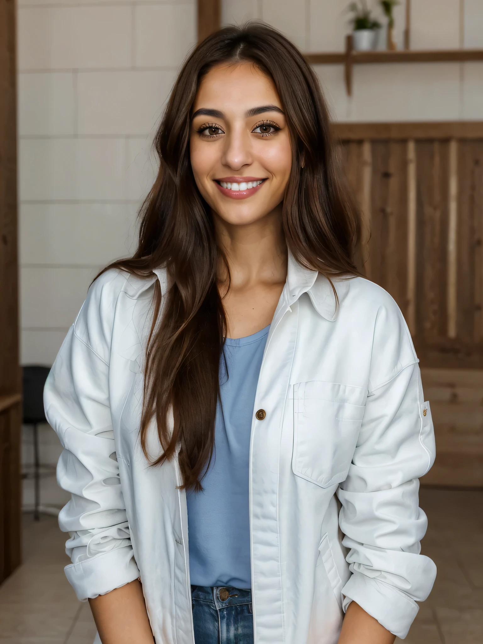 one cute women, 29YO, white, Arab, cute face, realistic brown eyes, blue jacket, brown hair, cute smile, skinny face, white realistic teethes, big eyes, long hair