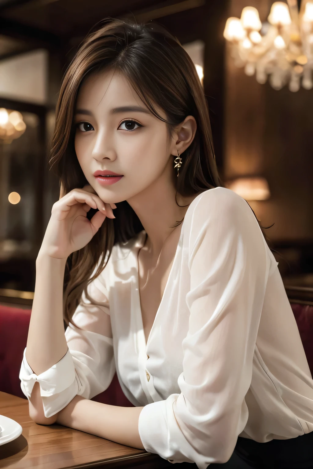 masterpiece, highest quality, Realistic, Very detailed, Finer details, High resolution, 8k wallpaper, One beautiful woman, Wear an elegant see-through shirt, In a great restaurant, At night, Light brown messy hair, Perfect dynamic composition, Beautiful and beautiful eyes、Big earrings、Sitting in a chair、