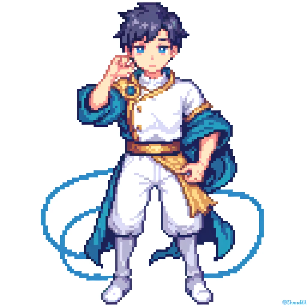 masterpiece , best quality , pixel art , 1 boy , fantasy clothes , full body , white background , hero , two-head figure , deformed , 64*64 dot picture
