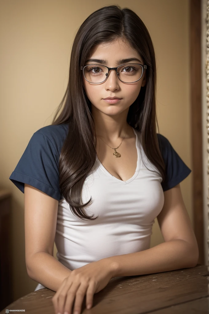garota de 12 anos com o cabelo castanho claro, glasses, pele de cor branca, nariz romano, bochechas grandes, camisa preta