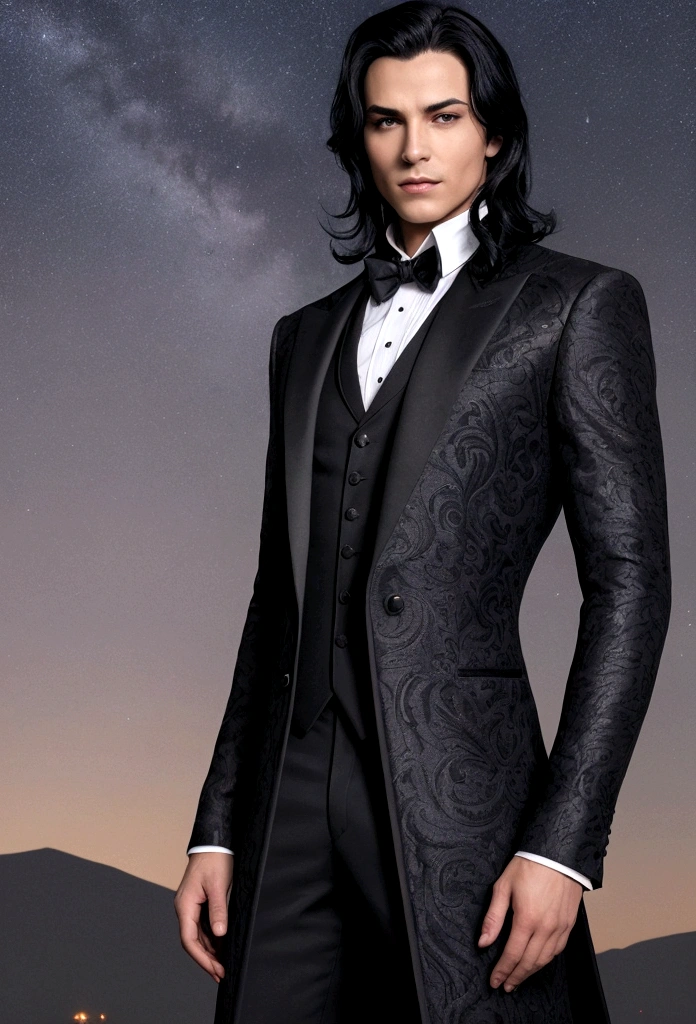 A strikingly handsome man with an aura of power and mystery. He has jet-black hair that falls smoothly around his face and piercing violet eyes with a hint of silver, exuding both intelligence and allure. His skin is a warm bronze, contrasting sharply with his dark hair and eyes. He is dressed in elegant, dark attire that reflects his status as the High Lord of the Night Court, including a finely tailored black coat with subtle, intricate patterns resembling starlight. His posture is confident and regal, with an enigmatic smile playing on his lips. The background is a breathtaking night sky filled with stars, reflecting the beauty and majesty of his Night Court.