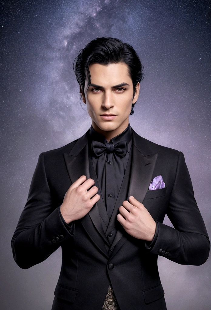 A strikingly handsome man with an aura of power and mystery. He has jet-black hair that falls smoothly around his face and piercing violet eyes with a hint of silver, exuding both intelligence and allure. His skin is a warm bronze, contrasting sharply with his dark hair and eyes. He is dressed in elegant, dark attire that reflects his status as the High Lord of the Night Court, including a finely tailored black coat with subtle, intricate patterns resembling starlight. His posture is confident and regal, with an enigmatic smile playing on his lips. The background is a breathtaking night sky filled with stars, reflecting the beauty and majesty of his Night Court.