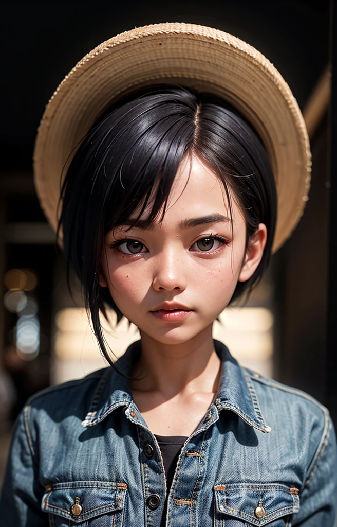 A Indonesian man, french crop hair, wearing a denim jacket, upper body, potraits, dark background