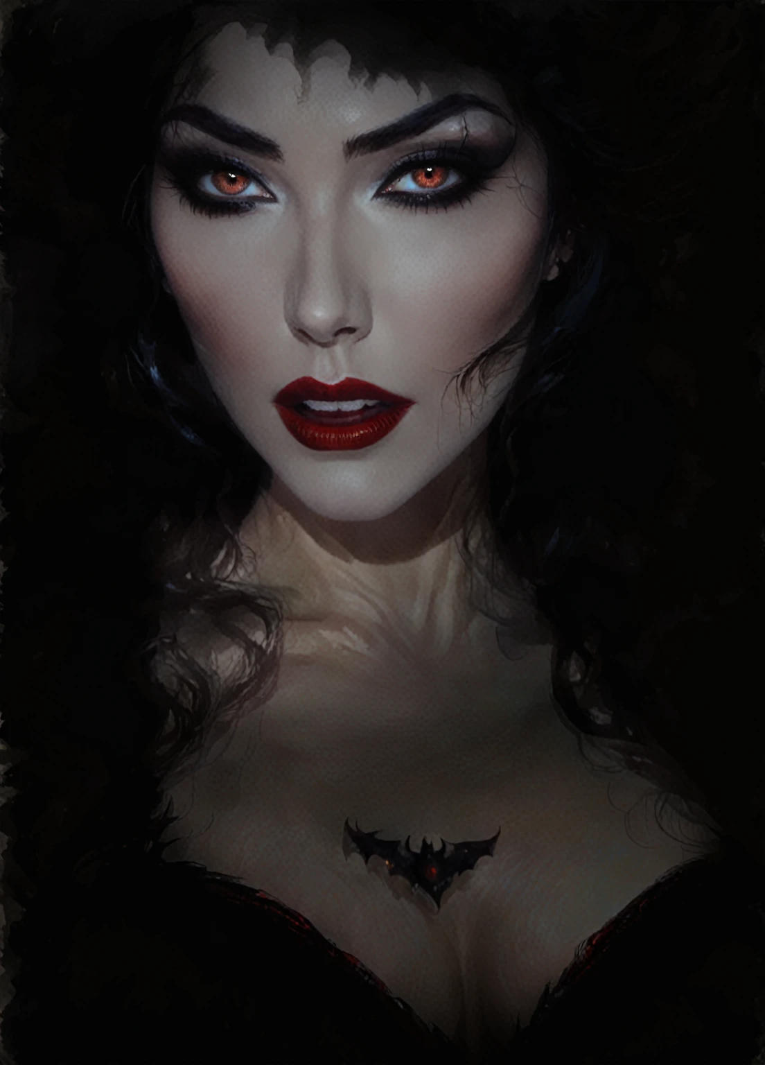 arafed woman with dark makeup and red lips in a dark room, portrait of a dark goddess, inspired by George Hurrell, dark hair and makeup, cinematic goddess close shot, sultry expression, sinister complexion, with haunted eyes and dark hair, 4 k glamour photography, portrait of megan fox as demon, vampire portrait, profile shot, portrait of a lady vampire, her mouth open with vampire fang.