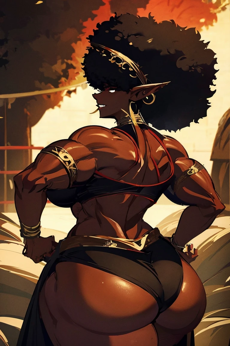 (masterpiece, best quality:1.2),1 girl, voluptuous body, full body, masterpiece, dominant pose, good anatomy, no extra limbs, big ass, thick thighs, black hair, voluminous afro, pointy ears, gold earrings, black top with red details, black skirt with red details, gold necklaces. while hips huge ass hair covering eyes no eyes