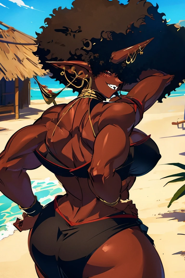 (masterpiece, best quality:1.2),1 girl, voluptuous body, full body, masterpiece, dominant pose, good anatomy, no extra limbs, big ass, thick thighs, black hair, voluminous afro, pointy ears, gold earrings, black top with red details, black skirt with red details, gold necklaces. while hips huge ass hair covering eyes no eyes