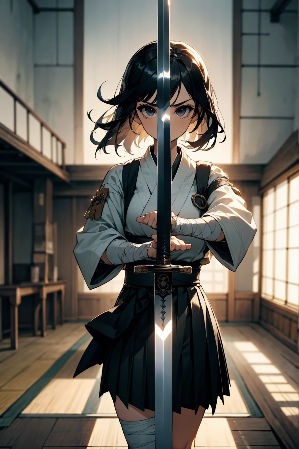 1female, black hair, short flowing hair, black eyes, holding sword, sword, sword salute, fighting clothing, skirt, bandaged arms, dojo background, detailed background, standing on path