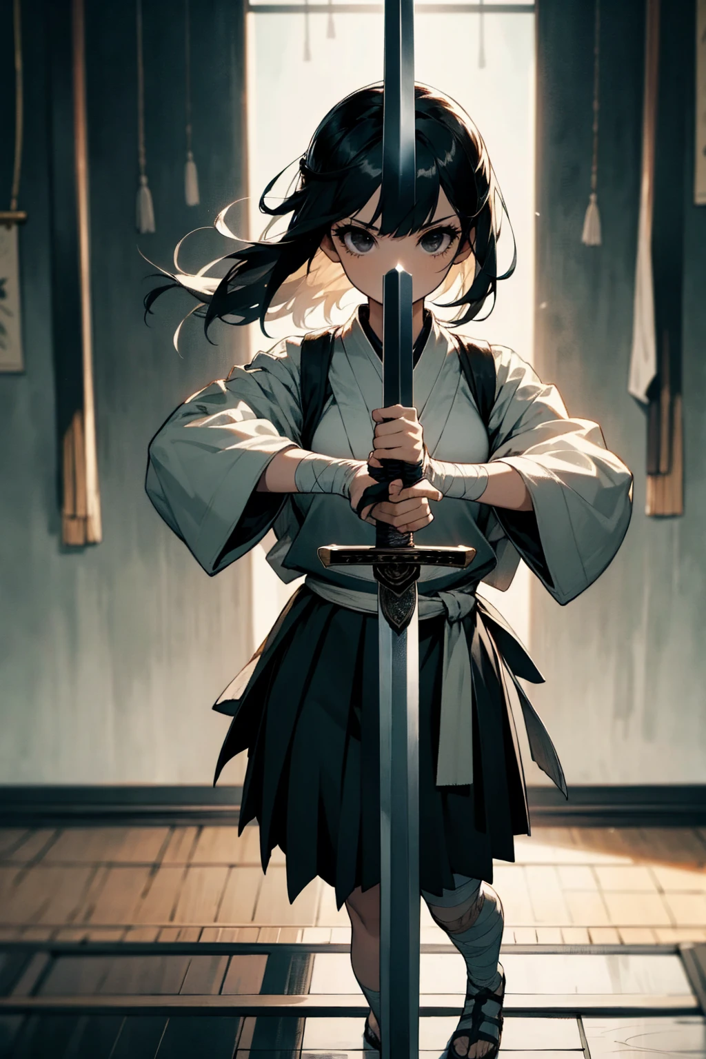 1female, black hair, short flowing hair, black eyes, holding sword, sword, sword salute, fighting clothing, skirt, bandaged arms, dojo background, detailed background, standing on path