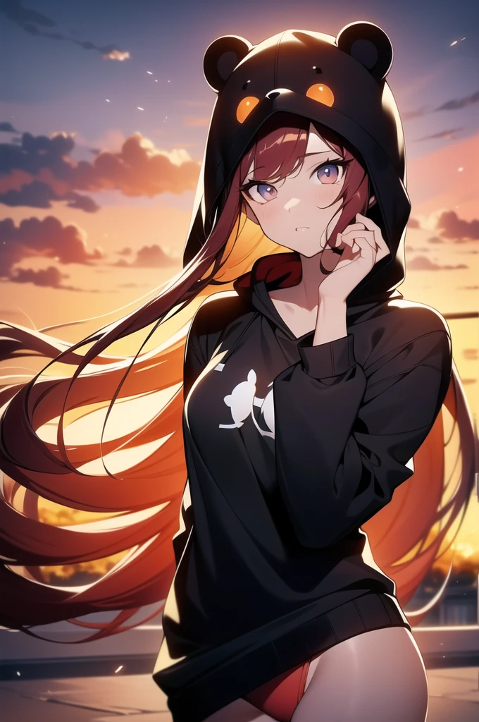 cute anime girl, 20 years old, Bear hoodie with no pants,Hyper realistic eyes {{digital art}}, (best quality,4k,8k,highres,masterpiece:1.2),ultra-detailed,(realistic,photorealistic,photo-realistic:),beautiful detailed eyes,beautiful detailed lips,extremely detailed eyes and face,long eyelashes,intricate details,beautiful hair,cinematic lighting,warm color palette,detailed background,high quality digital painting,elegant pose,dynamic composition,vibrant colors,soft lighting