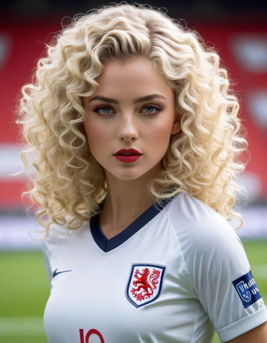 Very attractive 25 year old with long very curly platinum blonde hair, as Selina Kyle, exudes beauty with her radiant, smooth skin. Her strong, serious demeanor and confident stance convey an air of convincing allure. insanely detailedfootball ground as background. This captivating portrait is rendered in 4k high-resolution, ensuring every detail is displayed in the best quality. The illustration showcases Selina's determined expression, captivating the viewer's attention with its intricately detailed features. wearing an england football shirt, shorts , full length