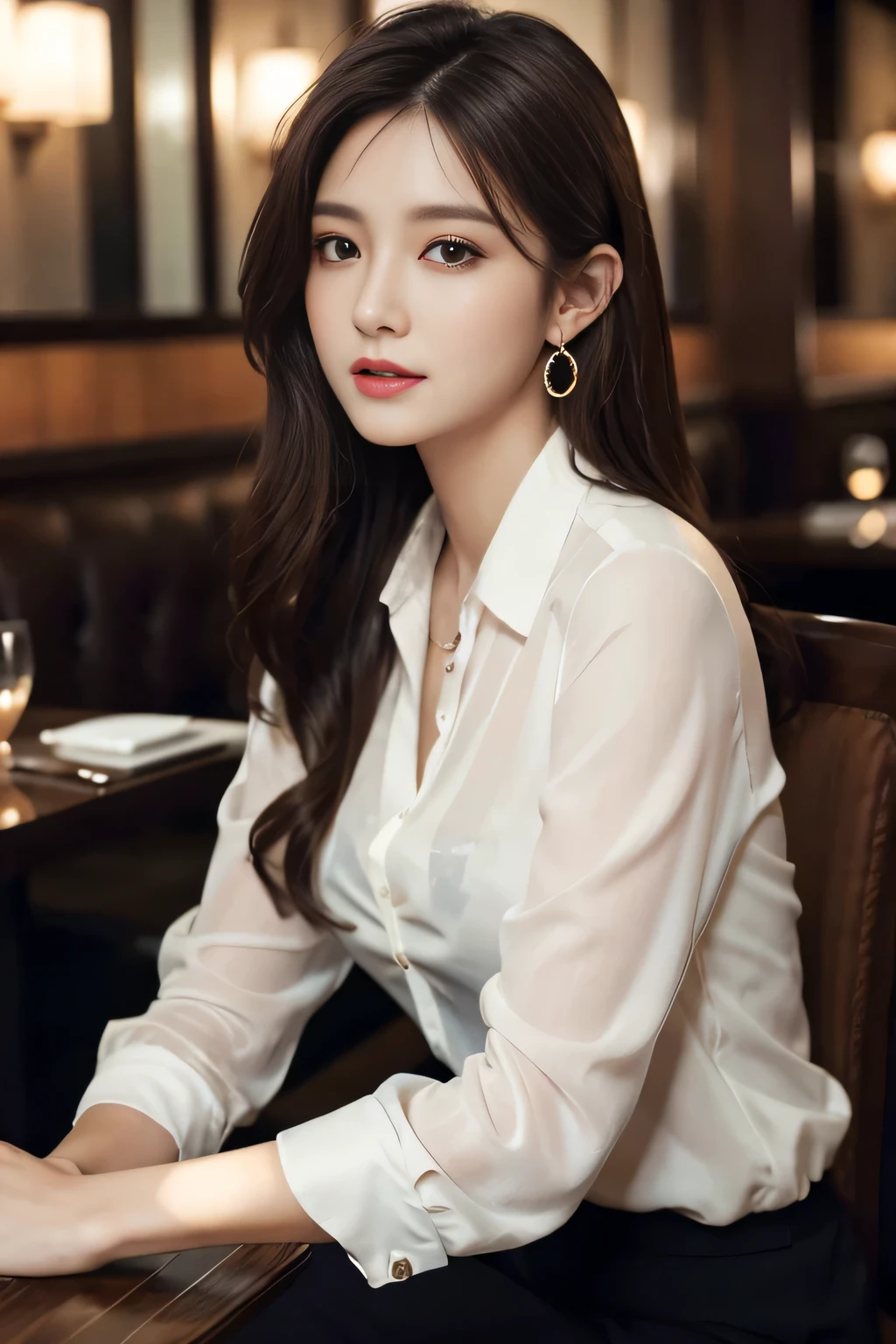 masterpiece, highest quality, Realistic, Very detailed, Finer details, High resolution, 8k wallpaper, One beautiful woman, Wear an elegant see-through shirt, In a great restaurant, At night, Light brown messy hair, Perfect dynamic composition, Beautiful and beautiful eyes、Big earrings、Sitting in a chair、