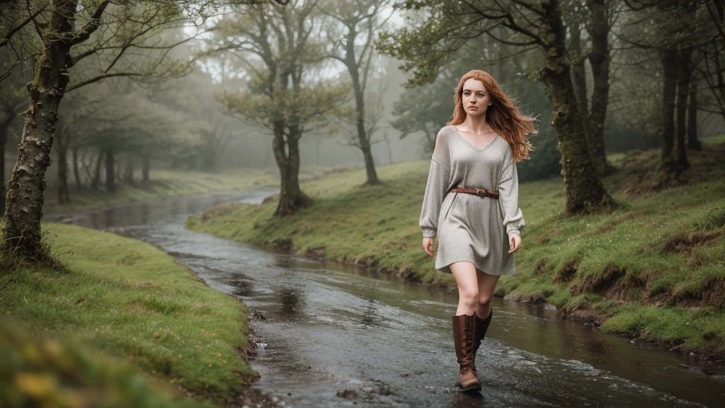 Craft a compelling AI-generated narrative that paints a picturesque scene of a captivating Irish 19 years old wet girl wearing an Irish sweater, wearing boots, wearing a dress, wearting a raincoat, walking with grace beneath the rain in the enchanting Connemara moor. Infuse the prompt with details that capture the essence of her attire, the rhythmic patter of raindrops, and the seamless blend of her presence with the lush, misty landscape, creating a timeless and evocative visual experience, Aesthetic artwork, irish, wavy ginger hair, shoulder length hair, hair in the wind, gray eyes, light grey eyes, pale skin, freckles, A-cup, small breasts, runners body, wet (textured skin, skin pores:1.1), goosebumps, (extremely detailed 8k wallpaper), natural lighting, high quality, film grain, Fujifilm XT3 sharp focus, f 5.6, 50mm, High Detail, Sharp focus, crazy details, complex details, hyperdetailed, wet