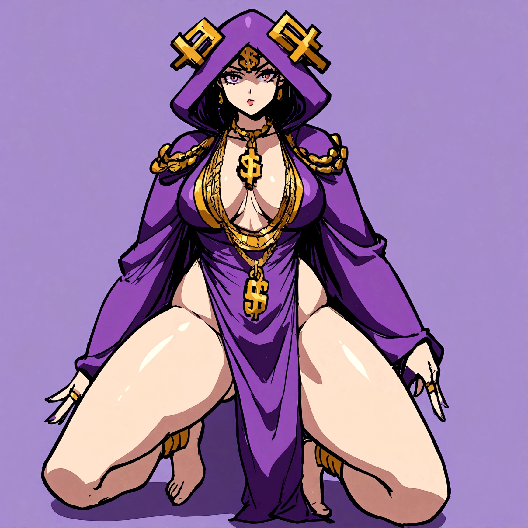 a shadow wizard wearing a purple robe and has nice thick thighs, female, wearing dollar sign Jewlery, slutty, sexy