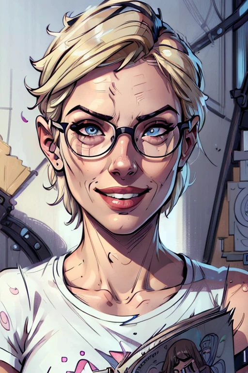 ((hyper-realistic illustration:1.4)), Athletic blonde woman, (short hair), tomboy, cute, ((smile)), Reading glasses, t-shirt, panties, very light makeup. Masterpiece, best quality,(highly detailed:1.2),(detailed face and eyes:1.2), depth of field, 8k wallpaper, natural lighting, core shadows, high contrast, bokeh.
