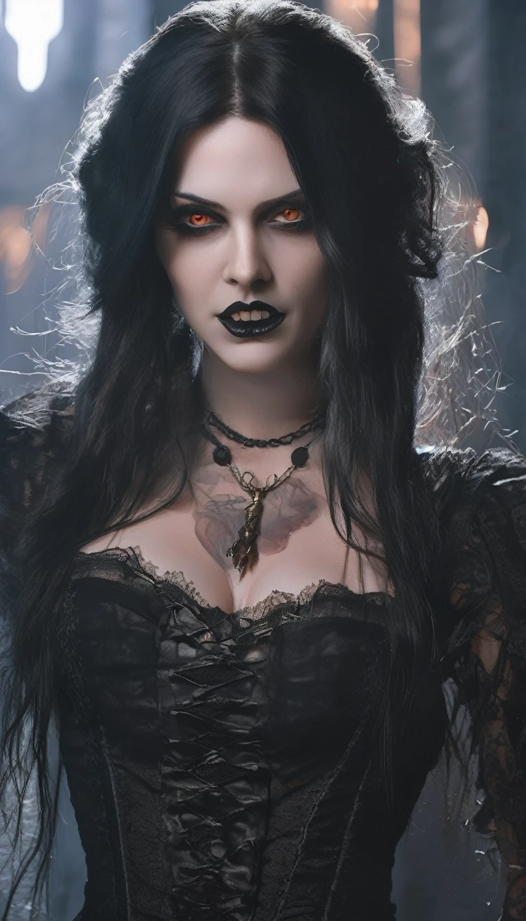 seductive vampire woman, busty and long black hair, realism, pale skin, sharp fangs, dark eyes, mouth open with sharp teeth, loose hair, Gothic attire, Canon,4K, mysterious, sinister, horror, Gothic, High 8K Image Quality, detailed image 16K, her mouth open with vampire fangs