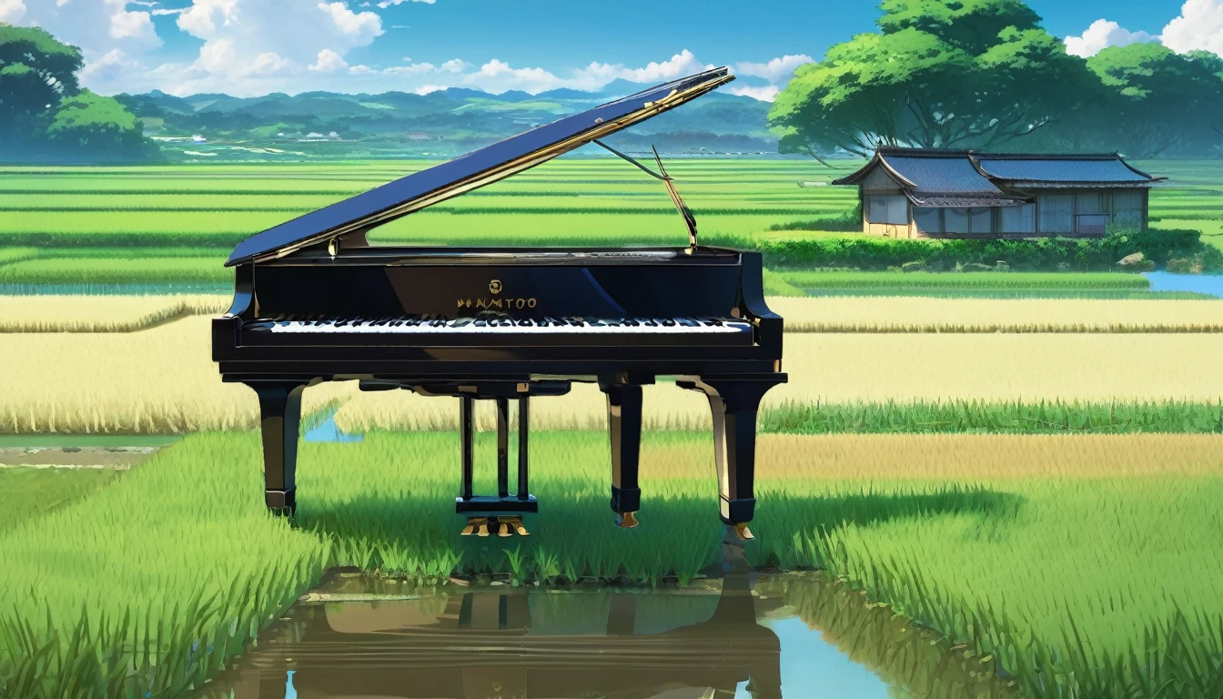 A grand piano in the Japanese countryside、In the background, rice fields are planted.、The sky is a piercing blue.、Makoto Shinkai style touch、A grand piano placed on the bank in front of the rice fields、The piano is not submerged in water.、A grand piano placed beside a rice field