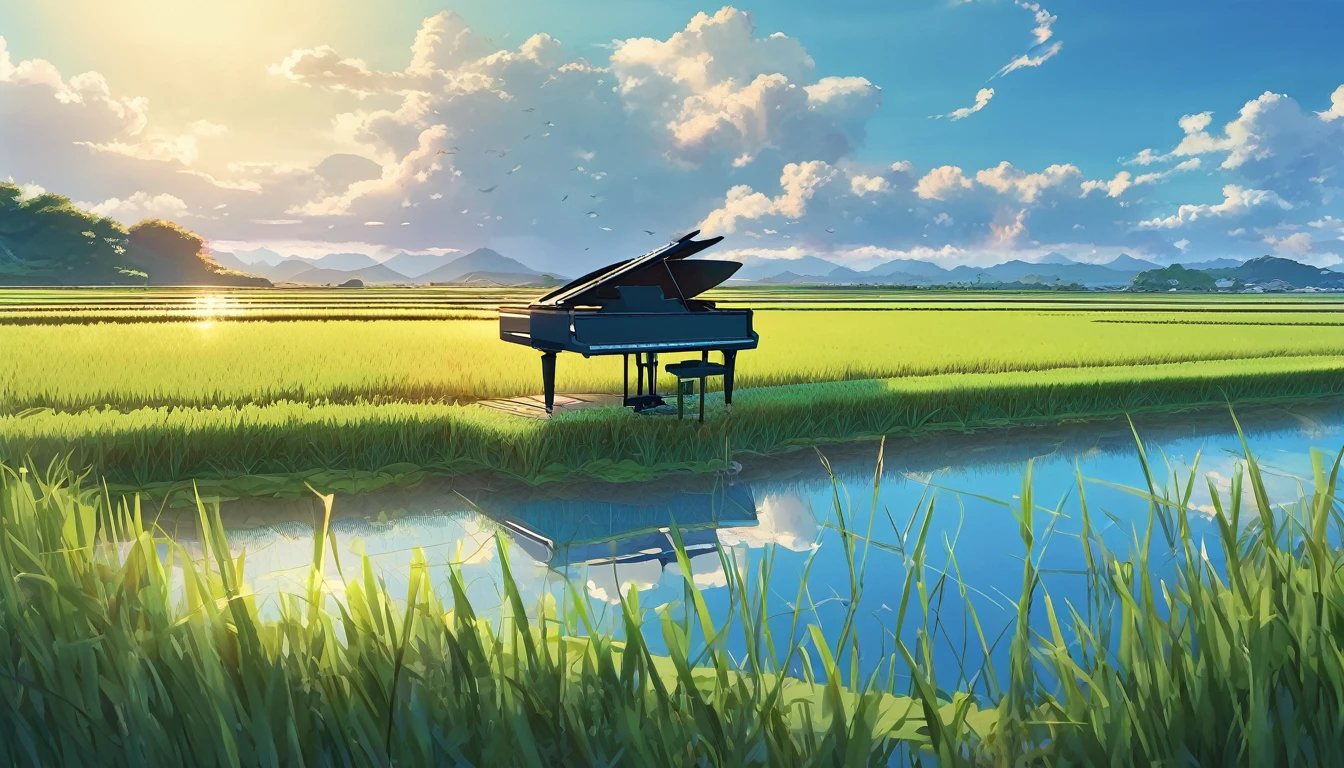 A grand piano in the Japanese countryside、In the background, rice fields are planted.、The sky is a piercing blue.、Makoto Shinkai style touch、A grand piano placed on the bank in front of the rice fields、The piano is not submerged in water.、A grand piano placed beside a rice field