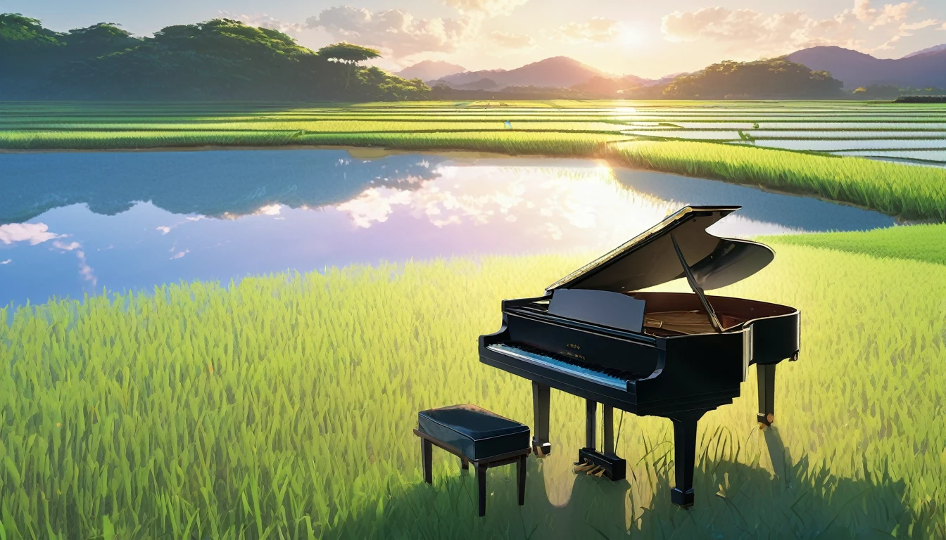 A grand piano in the Japanese countryside、In the background, rice fields are planted.、The sky is a piercing blue.、Makoto Shinkai style touch、A grand piano placed on the bank in front of the rice fields、The piano is not submerged in water.、A grand piano placed beside a rice field