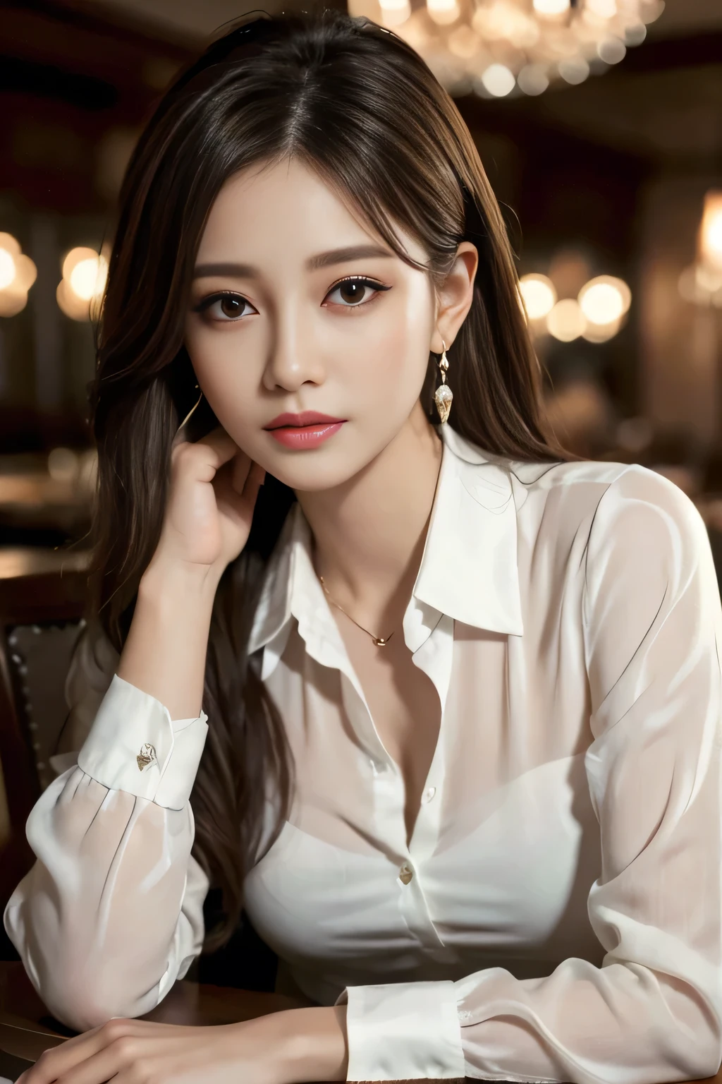 masterpiece, highest quality, Realistic, Very detailed, Finer details, High resolution, 8k wallpaper, One beautiful woman, Wear an elegant see-through shirt, In a great restaurant, At night, Light brown messy hair, Perfect dynamic composition, Beautiful and beautiful eyes、Big earrings、Sitting in a chair、