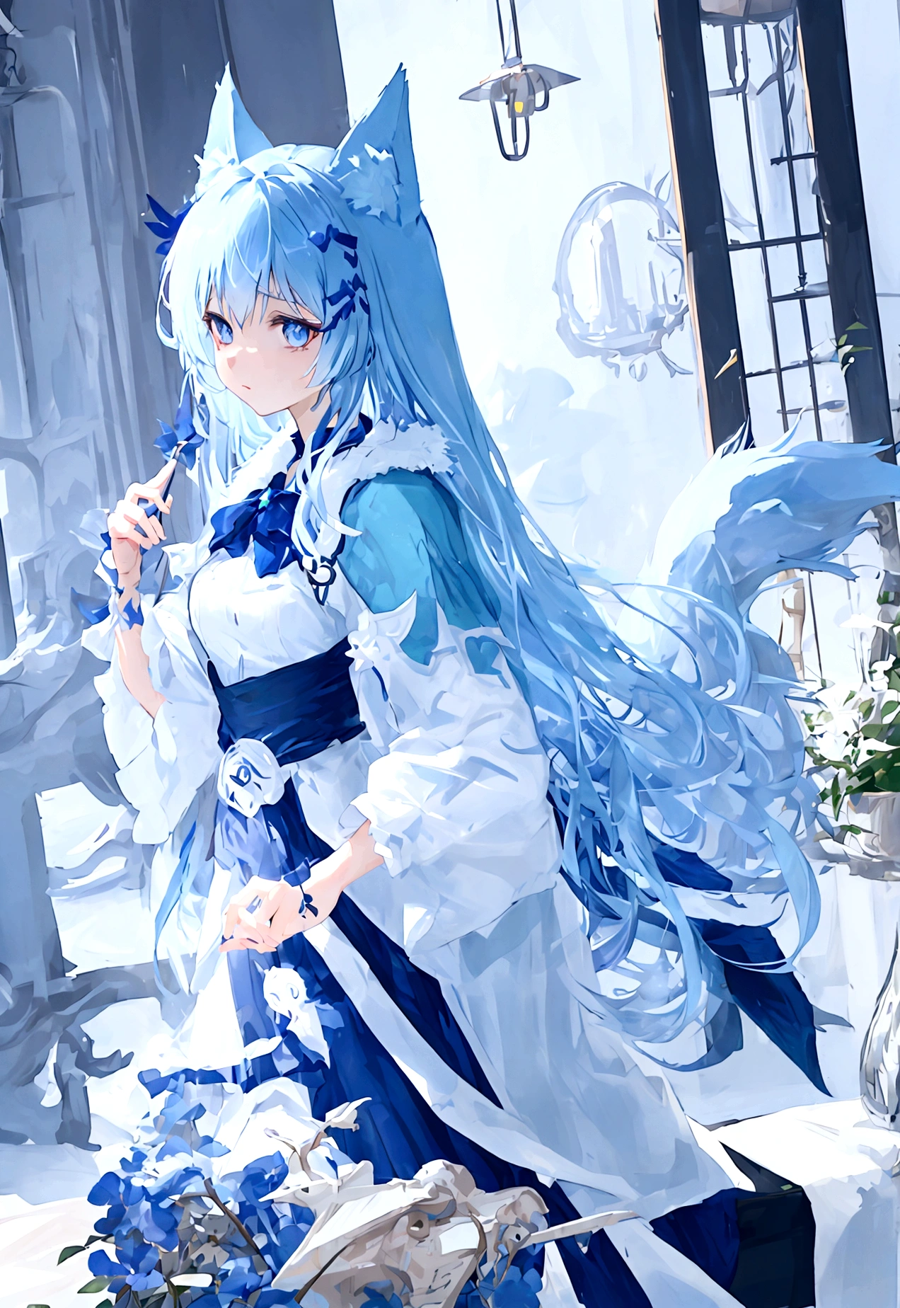 fox Light blue hair 　beast girl　indigo fur　fox beast girl