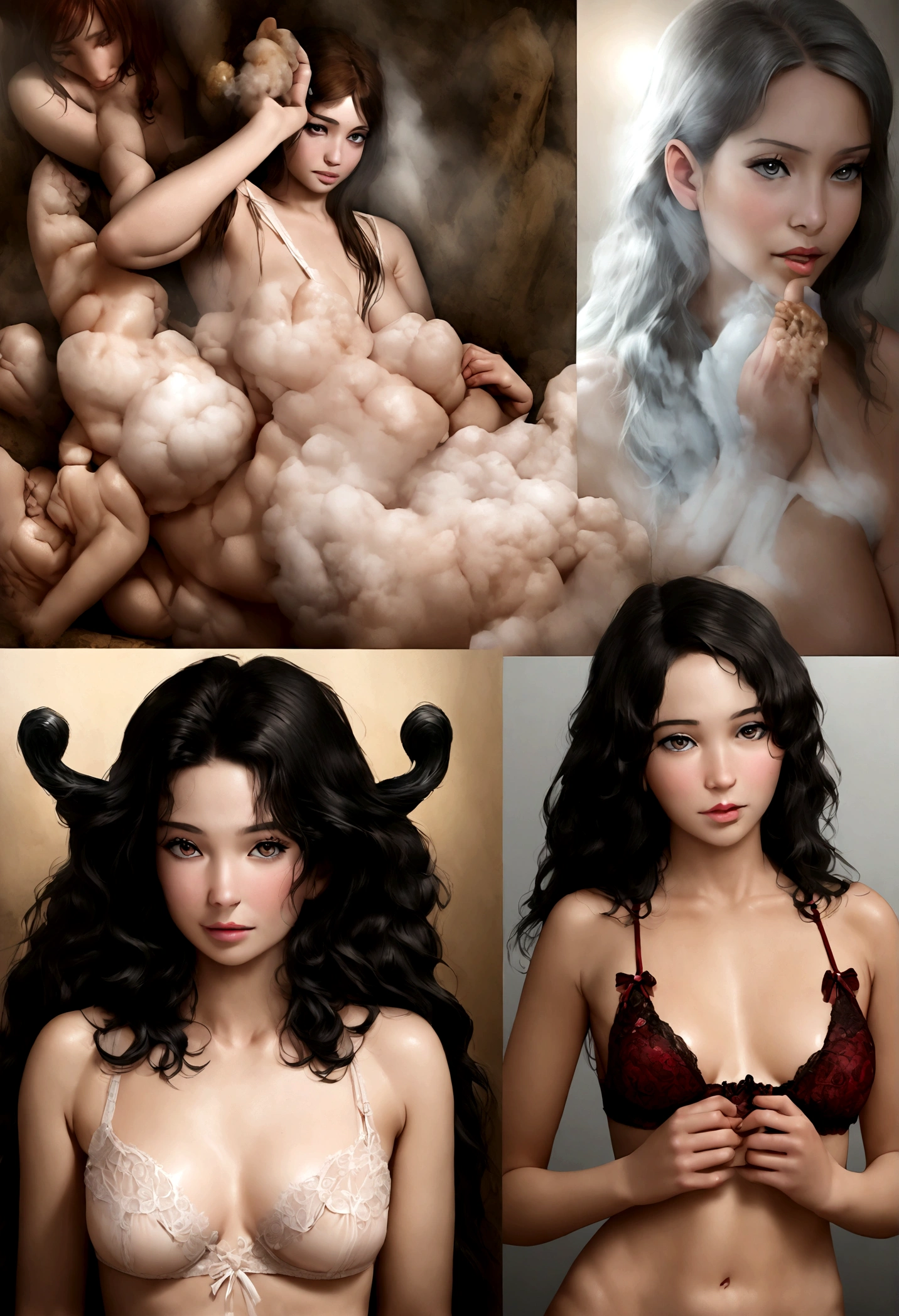 Nude conjoined megara with four heads tatooed body, eight arms and three legs