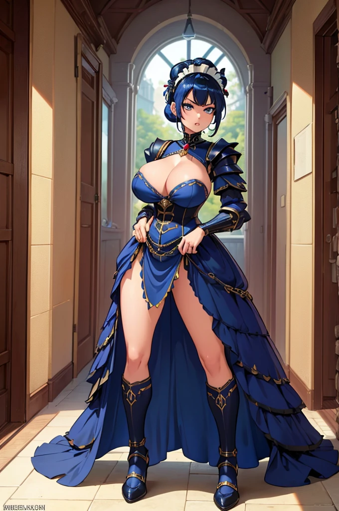 (masterpiece, best quality, high resolution, ((full body standing)), ((huge breasts)) 1 beautiful girl, dark blue hair in a bun, battle maid armor, maid headdress, serious posture
