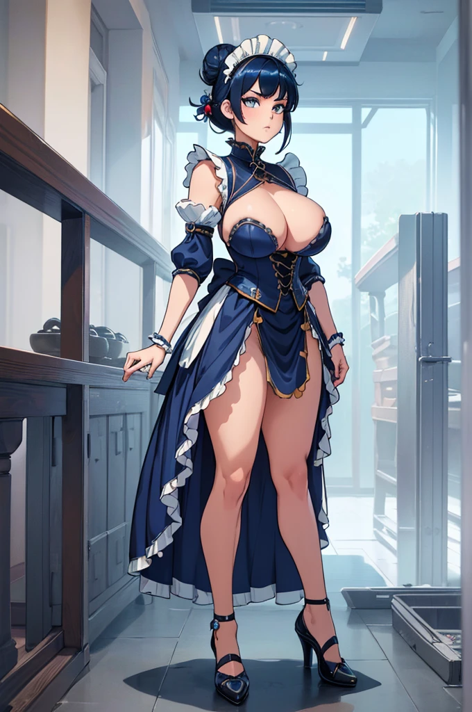 (masterpiece, best quality, high resolution, ((full body standing)), ((huge breasts)) 1 beautiful girl, dark blue hair in a bun, battle maid armor, maid headdress, serious posture