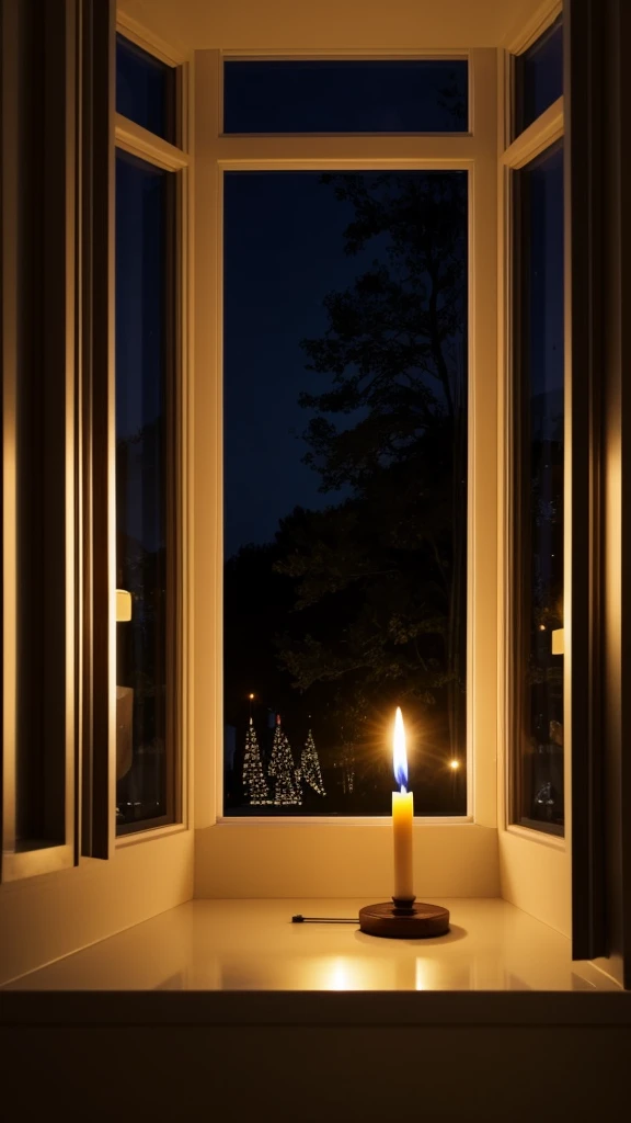 There is a candle by the window Night view Outside it's raining