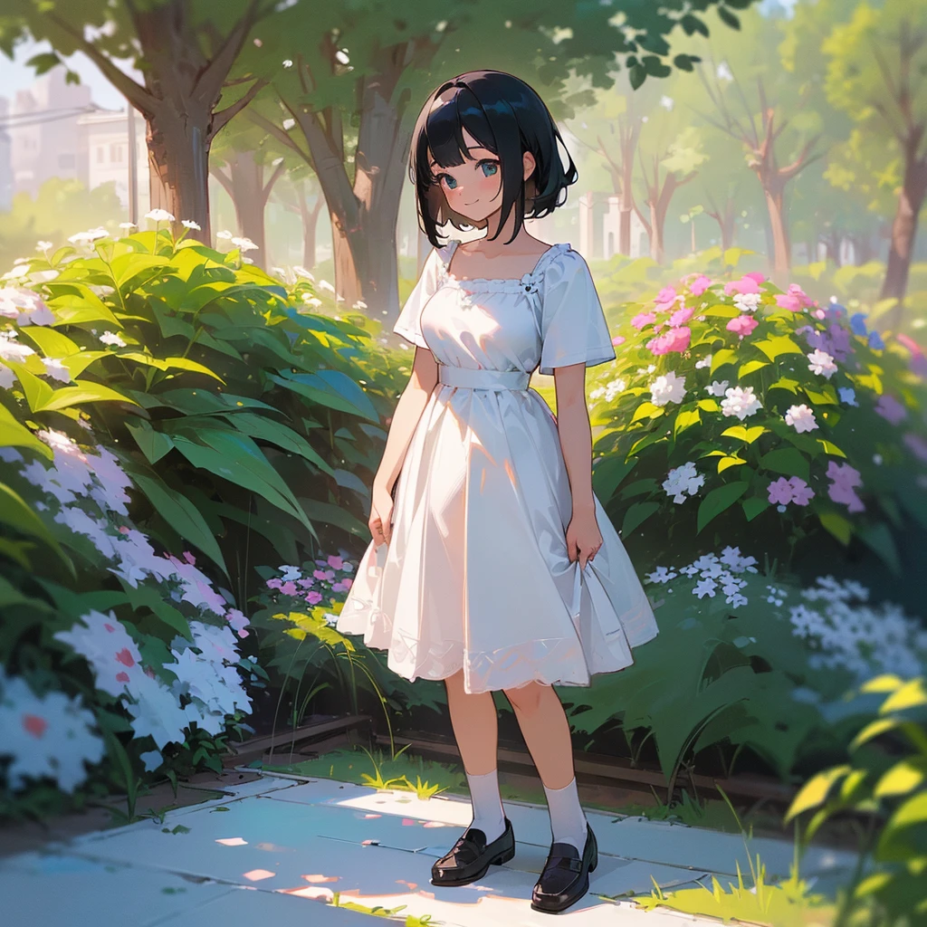 (high quality, High resolution, Very detailed, reality:1.37), Peaceful atmosphere, (Outdoor, garden), Teenage girl standing alone, (my breasts are big.), Beautiful details, Cute Smile, (Black bob hair), White camisole dress, White socks, loafers.