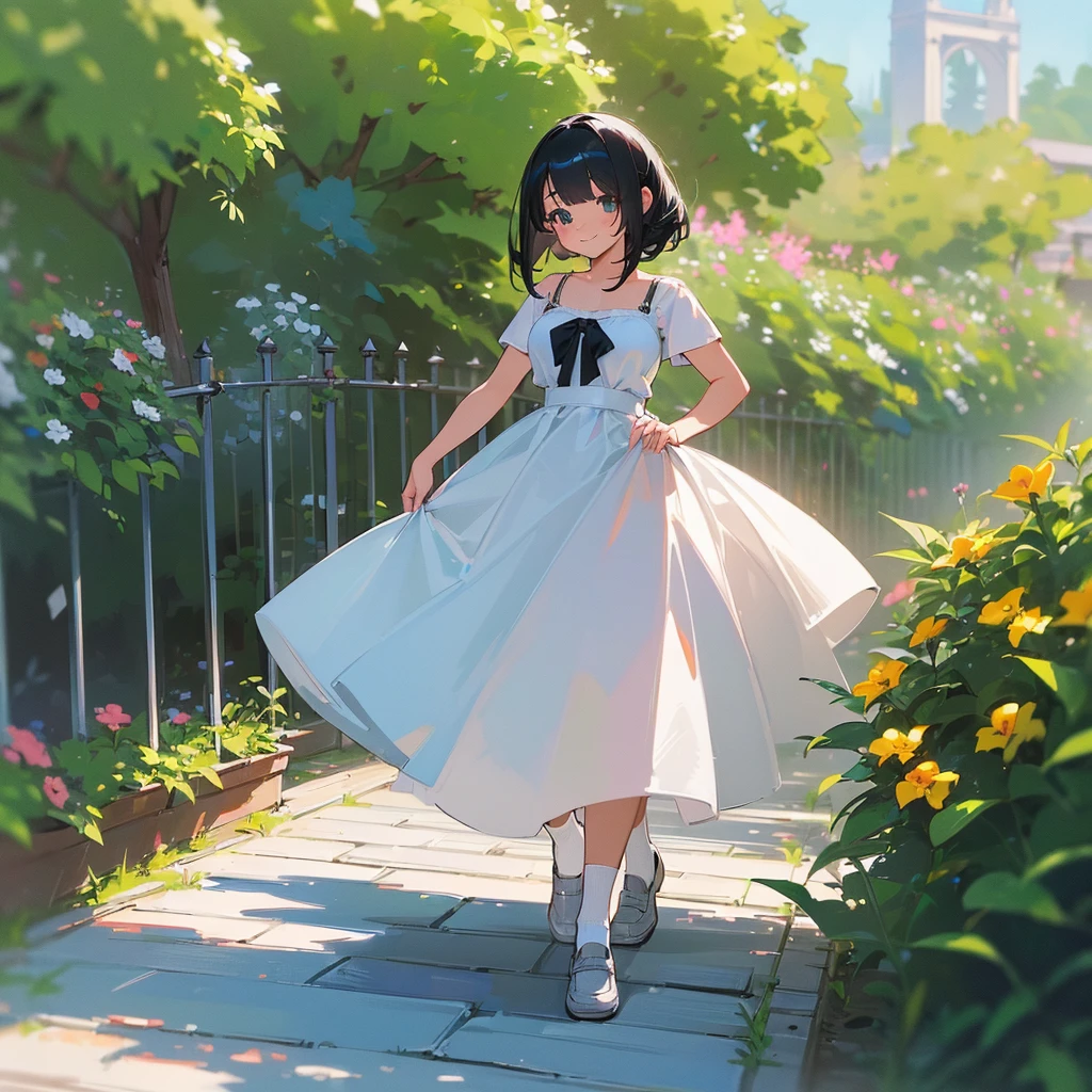 (high quality, High resolution, Very detailed, reality:1.37), Peaceful atmosphere, (Outdoor, garden), Teenage girl standing alone, (my breasts are big.), Beautiful details, Cute Smile, (Black bob hair), White camisole dress, White socks, loafers.