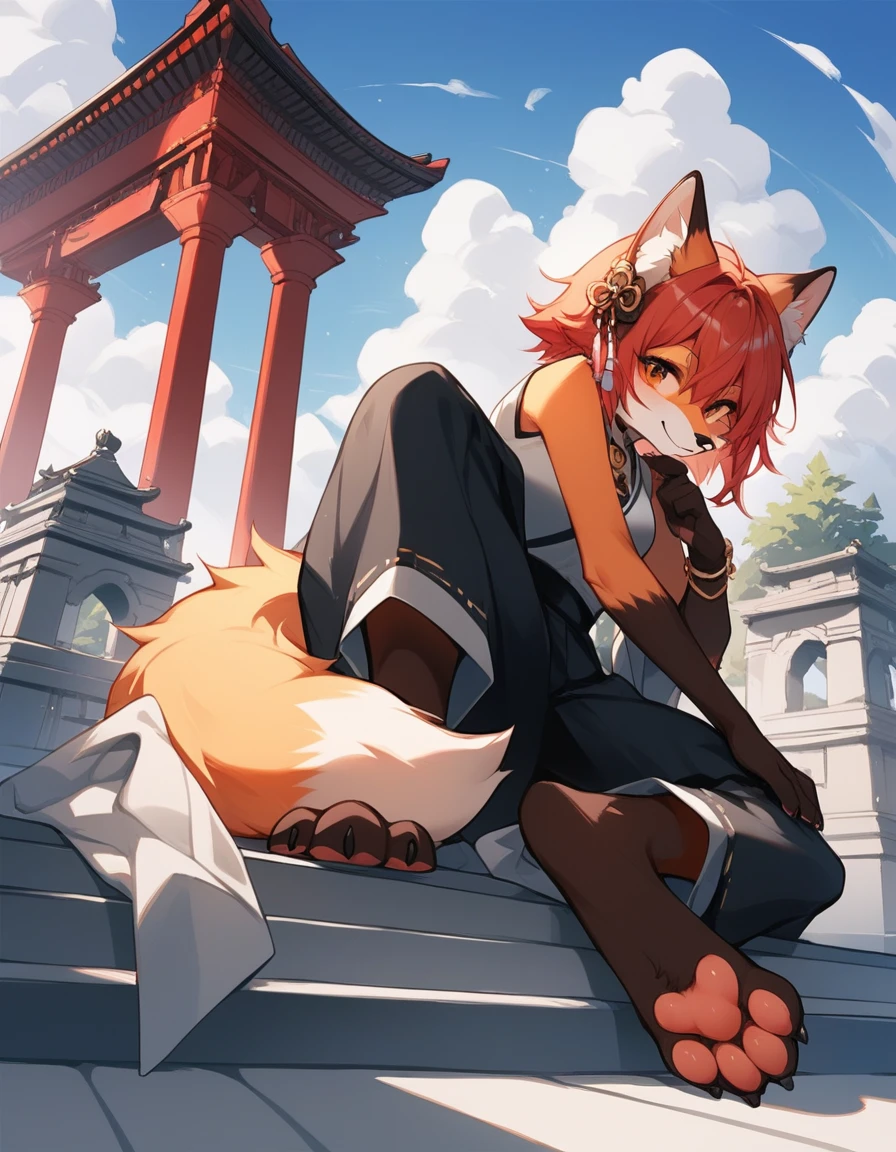 score_9, score_8_up, score_7_up, score_6_up, source_anime, rating_safe, dagasi_style, furry, temple, fox girl, sitting, low view, from behind, soles at spectator, showing soles, grinning, paws, 3 toes, barefoot, paws