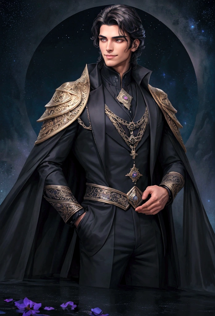 A strikingly handsome man with an aura of power and mystery. He has jet-black hair that falls smoothly around his face and piercing violet eyes with a hint of silver, exuding both intelligence and allure. His skin is a warm bronze, contrasting sharply with his dark hair and eyes. He is dressed in elegant, dark attire that reflects his status as the High Lord of the Night Court, including a finely tailored black coat with subtle, intricate patterns resembling starlight. His posture is confident and regal, with an enigmatic smile playing on his lips. The background is a breathtaking night sky filled with stars, reflecting the beauty and majesty of his Night Court.