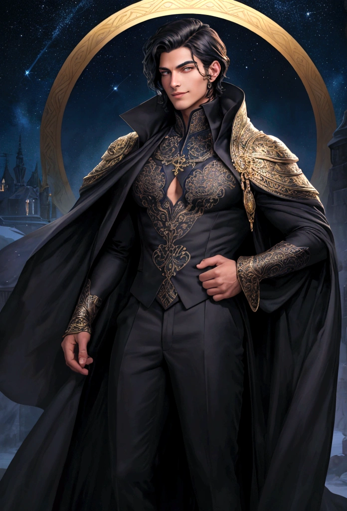 A strikingly handsome man with an aura of power and mystery. He has jet-black hair that falls smoothly around his face and piercing violet eyes with a hint of silver, exuding both intelligence and allure. His skin is a warm bronze, contrasting sharply with his dark hair and eyes. He is dressed in elegant, dark attire that reflects his status as the High Lord of the Night Court, including a finely tailored black coat with subtle, intricate patterns resembling starlight. His posture is confident and regal, with an enigmatic smile playing on his lips. The background is a breathtaking night sky filled with stars, reflecting the beauty and majesty of his Night Court.