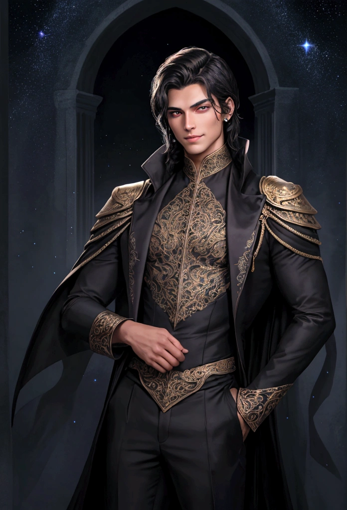 A strikingly handsome man with an aura of power and mystery. He has jet-black hair that falls smoothly around his face and piercing violet eyes with a hint of silver, exuding both intelligence and allure. His skin is a warm bronze, contrasting sharply with his dark hair and eyes. He is dressed in elegant, dark attire that reflects his status as the High Lord of the Night Court, including a finely tailored black coat with subtle, intricate patterns resembling starlight. His posture is confident and regal, with an enigmatic smile playing on his lips. The background is a breathtaking night sky filled with stars, reflecting the beauty and majesty of his Night Court.