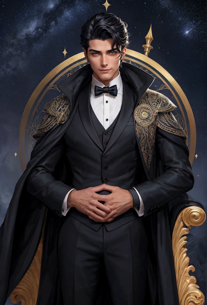 A strikingly handsome man with an aura of power and mystery. He has jet-black hair that falls smoothly around his face and piercing violet eyes with a hint of silver, exuding both intelligence and allure. His skin is a warm bronze, contrasting sharply with his dark hair and eyes. He is dressed in elegant, dark attire that reflects his status as the High Lord of the Night Court, including a finely tailored black coat with subtle, intricate patterns resembling starlight. His posture is confident and regal, with an enigmatic smile playing on his lips. The background is a breathtaking night sky filled with stars, reflecting the beauty and majesty of his Night Court.