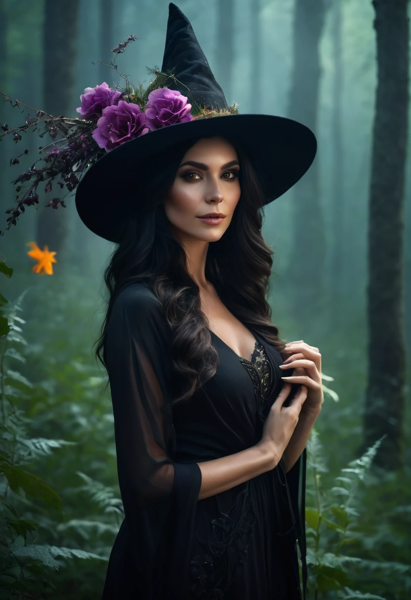 a beautiful woman WITCH WITH A hat and Forest and amazing flowers the Style-RustMagic, Aum, (atmosfera escura:1.2), (Mist & smoke), (noite escura:1.3), Cicatrizes, (shaggy medium length dark hair:1.1), (sombra:1.1), (brilho lindamente detalhado:1.2), (cinematic lighting), detalhe intrincado, high resolution,