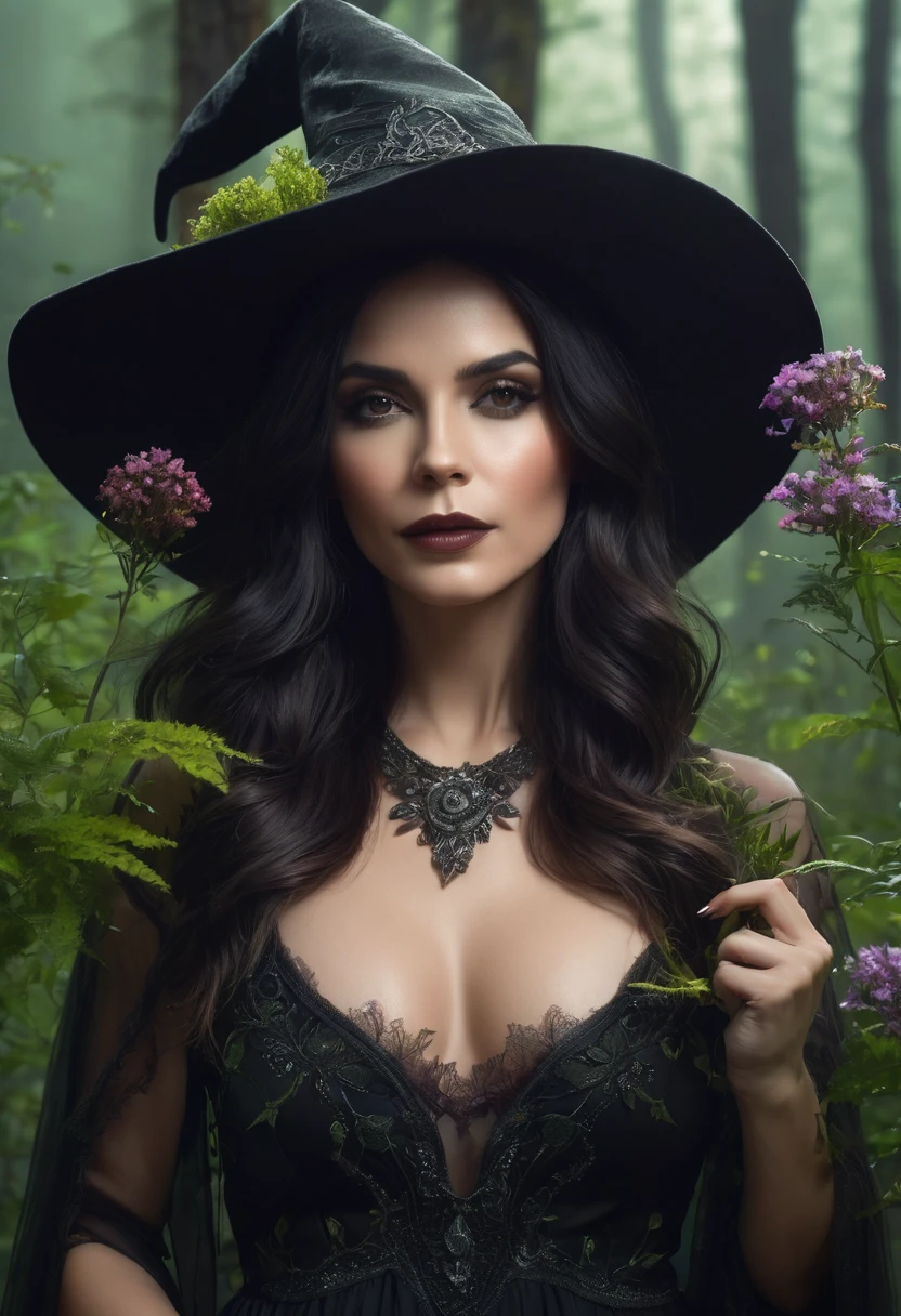 a beautiful woman WITCH  WITH A hat and Forest and amazing flowers the Style-RustMagic, Aum, (atmosfera escura:1.2), (Mist & smoke), (noite escura:1.3), Cicatrizes, (shaggy medium length dark hair:1.1), (sombra:1.1), (brilho lindamente detalhado:1.2), (cinematic lighting), detalhe intrincado, high resolution,